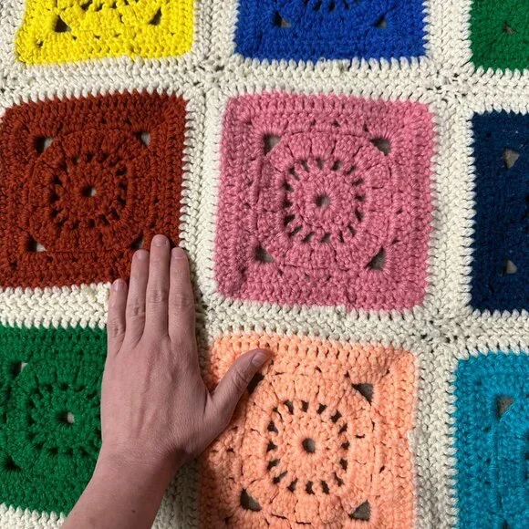 Handmade Crochet Afghan Throw Blanket Rainbow Squares Vintage White Ruffled Edge - Picture 3 of 6